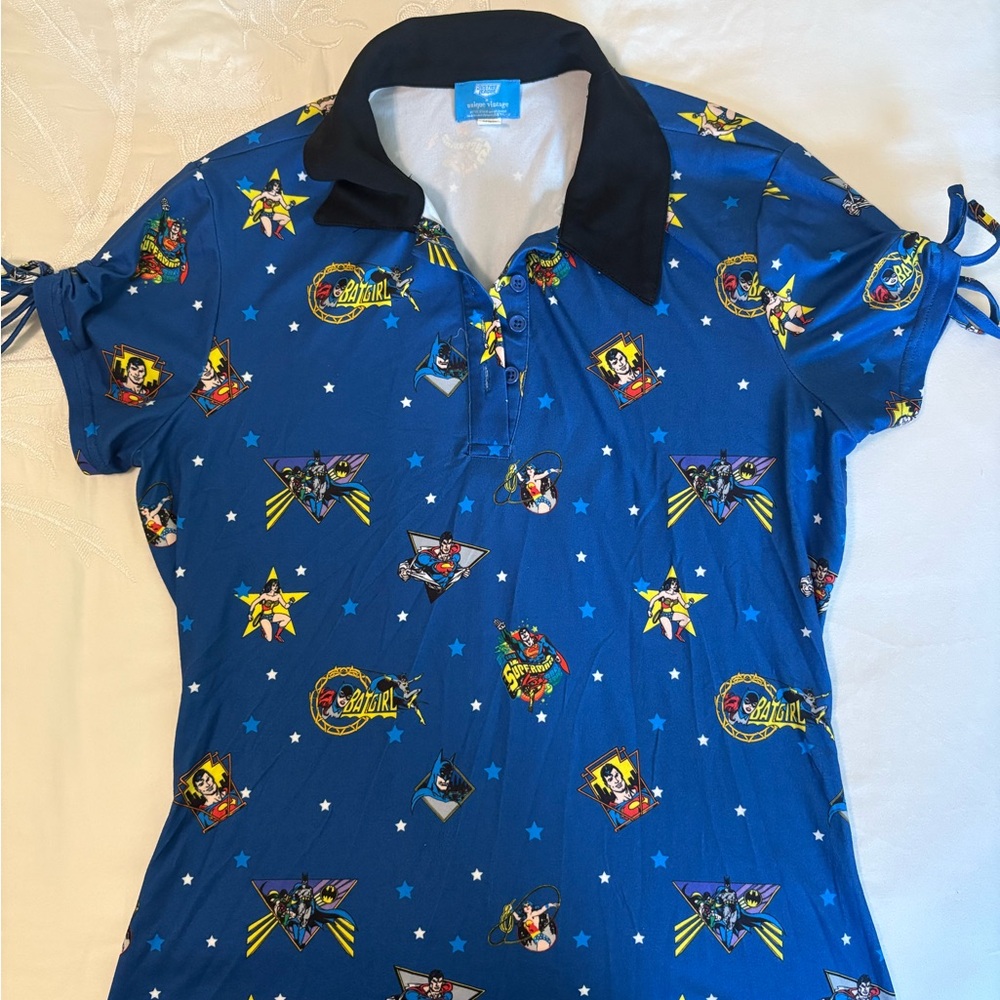 Unique Vintage DC Comics Superhero Blue Blouse with Graphics